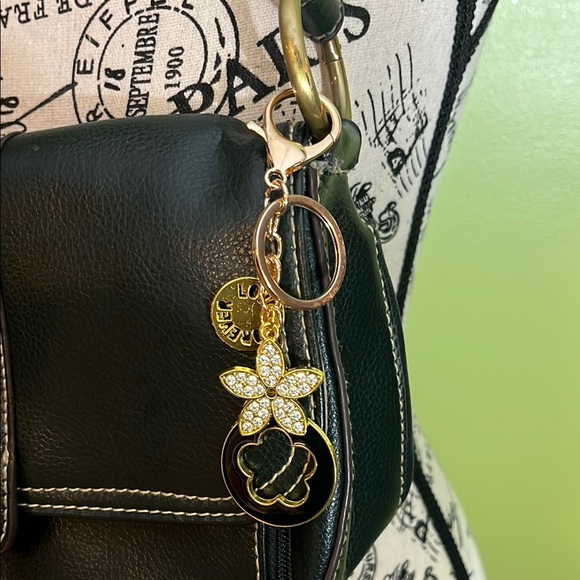 Gold and Black Bag Charm Keychain with Flower Charms - Picture 5 of 5